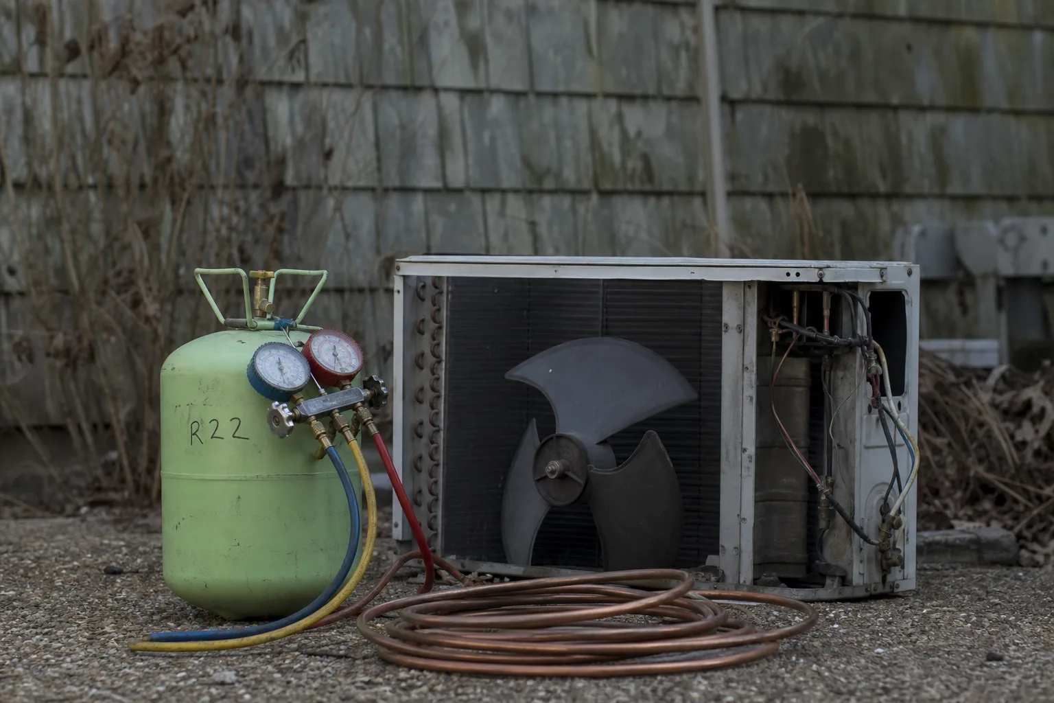 A refrigerant recovery cylinder with a handwritten label and gauge set resting beside a removed outdoor condensing unit in a service yard, copper line set co...
