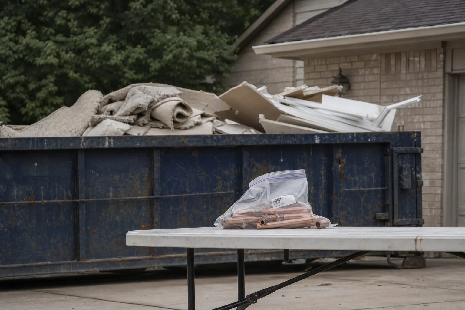 A residential driveway with a roll-off dumpster partly filled with cut carpet, damp drywall sections and stacked baseboard, and a labeled section of split co...