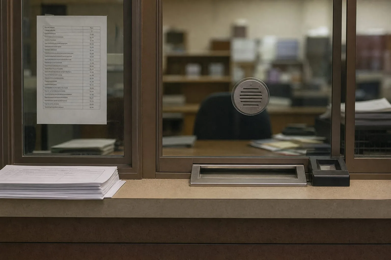 A courthouse clerk's counter with a stack of blank court forms, a fee schedule posted behind glass, and a public service window