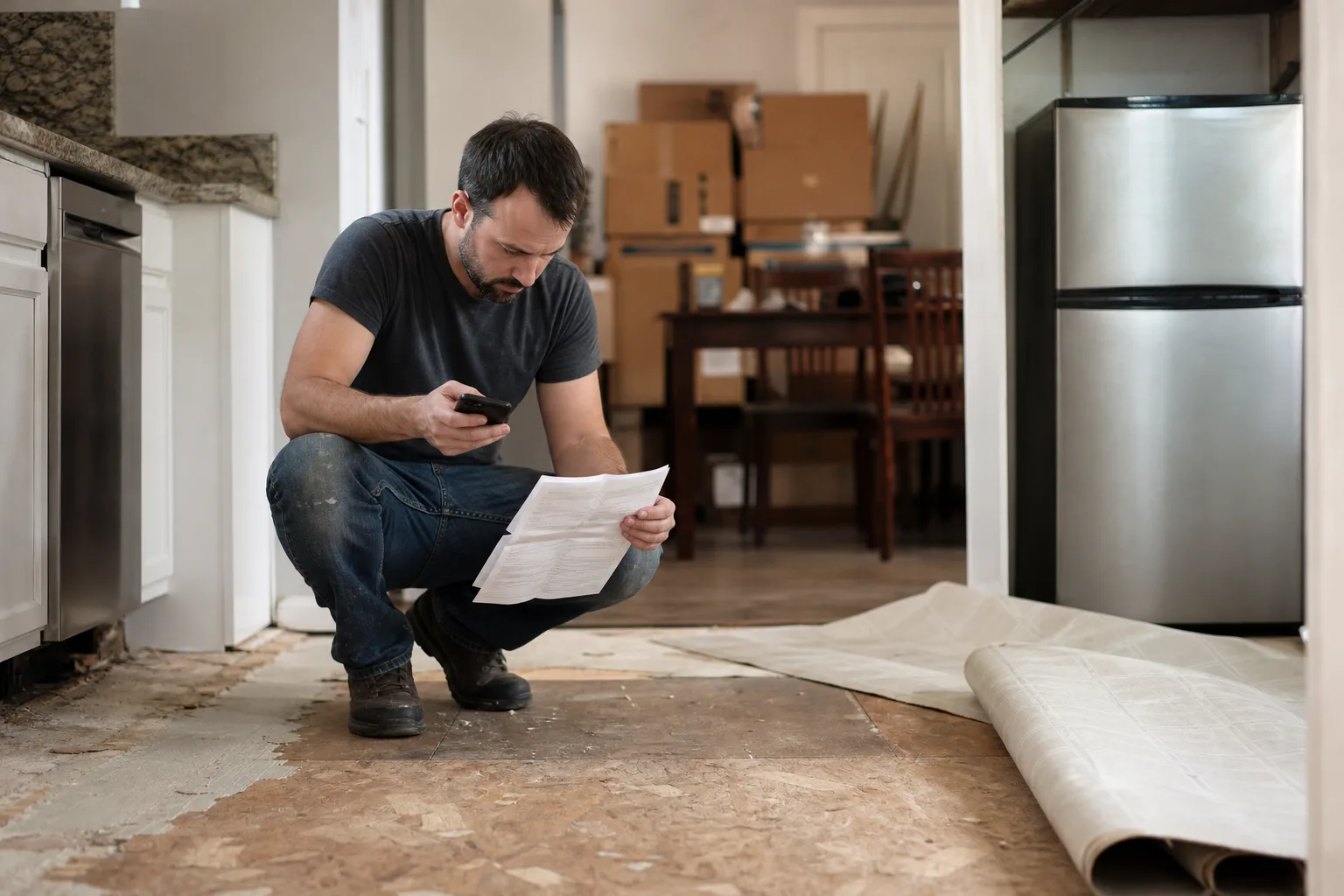 A homeowner crouched on a torn-up kitchen floor beside pulled-back vinyl and exposed subfloor, holding a phone and a folded contractor's estimate, with a min...